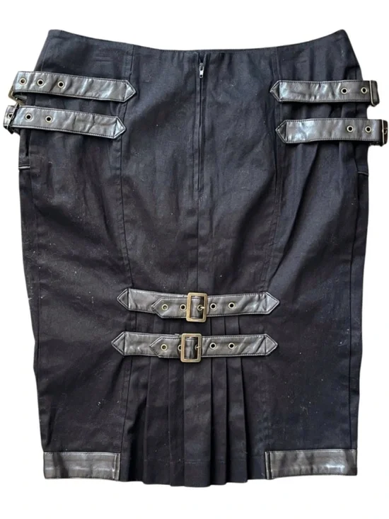Spin Doctor Black Strap Buckle Pencil Midi Skirt Goth Steampunk Corporate Goth - Picture 3 of 4